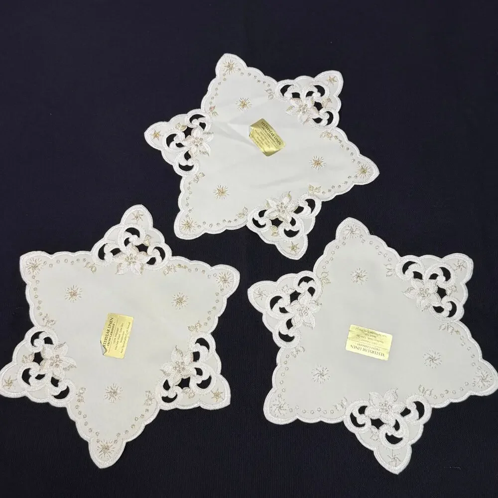 Set 3 German Embroidered Christmas Doilies Star Shaped Gold Thread 9” Table Mats